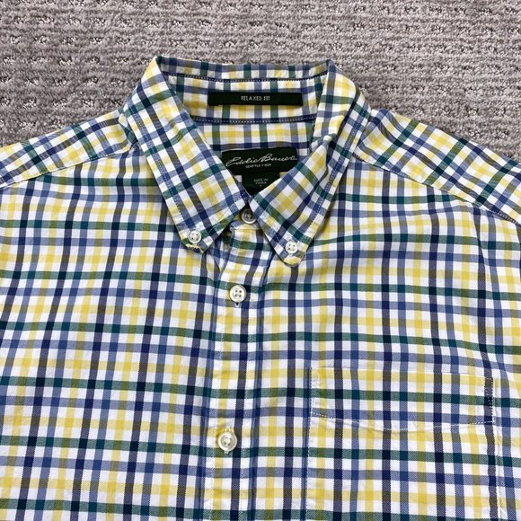 Eddie Bauer Shirt Men Large L Yellow White Blue Checkered Button Down Relaxed - Picture 3 of 11